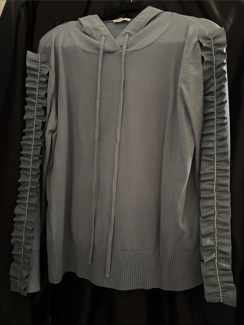 Women's Ruffle-Trim Hoodie Sweater in Dusty Blue